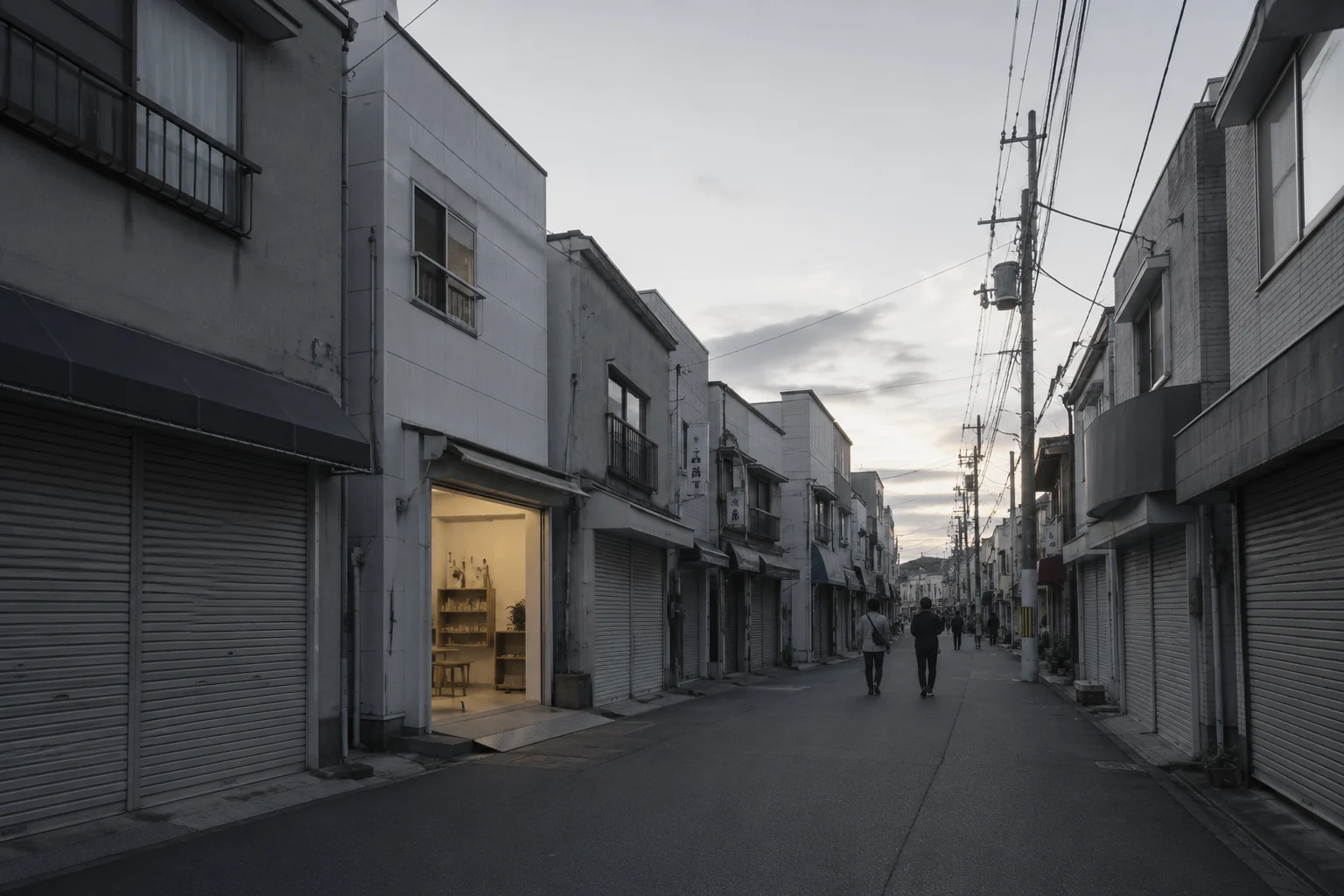 シャッターの下りた夕方の通りで、一軒だけ開いて灯りの点いた店舗